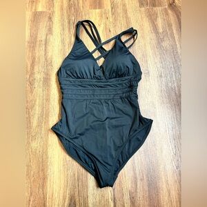 La Blanca Black One Piece Swimsuit with Plunging Neckline and Ruched Midsection